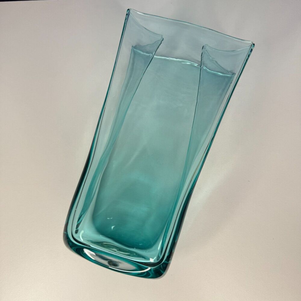 Blenko Hand Blown Glass Light Teal Paper Bag Vase #8813S Small 8.5" Don Shepherd
